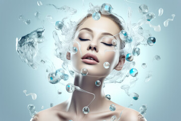 Young woman with smooth skin, liquid drops flying around her, blue background - hyaluronic acid serum concept. Generative AI