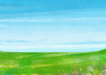 Obraz na płótnie Canvas グランドラインがやや下方の青空が広がるキラキラした野原のイラスト素材