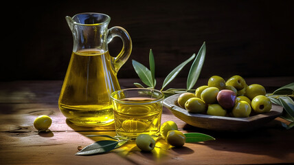 Obraz na płótnie Canvas Olive oil and olive branch on the wooden table. Generative Ai