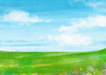 グランドラインがやや下方の雲が浮かび青空が広がるキラキラした野原のイラスト素材