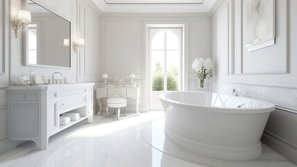 Fototapeta na wymiar Bright elegant bathroom interior in a luxury house. Generative Ai