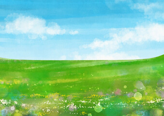 Obraz na płótnie Canvas グランドラインが真ん中の雲が浮かび青空が広がるキラキラした野原のイラスト素材