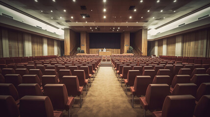 Naklejka premium Modern auditorium interior with lecturer desk and rows of vintage chairs in luxury training center. Generative Ai