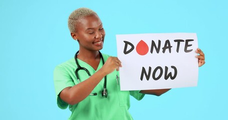 Face, black woman and doctor with paper, donate now and healthcare against blue studio background. Portrait, female employee and medical professional with poster, blood donation and announcement