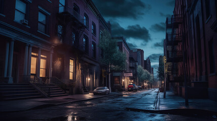 Fototapeta na wymiar street scene at night with buildings in the background. Generative Ai