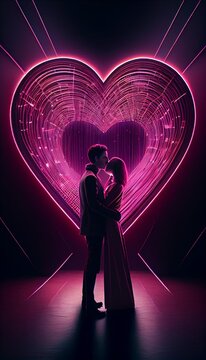 A couple on heart shaped neon light background. Valentine's Day composition. Generative AI illustration