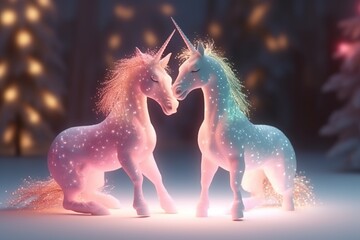 Obraz na płótnie Canvas A magic festive of happiness couple unicorns covered in glowing lights in a winter or spring scene