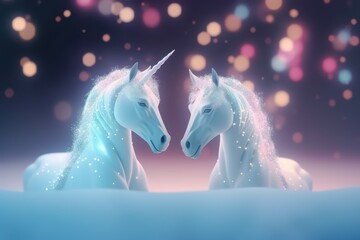 Naklejka na ściany i meble A magic festive of happiness couple unicorns covered in glowing lights in a winter or spring scene