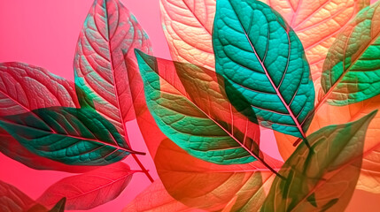 Abstract pink background with leaves, generative AI.