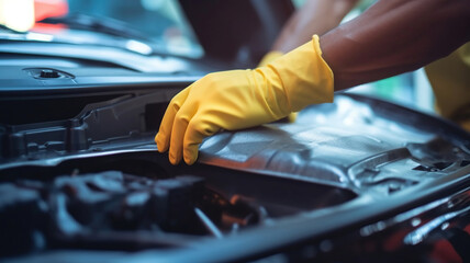 Selective focus hands in gloves of expert technicain electric car, EV car while opened A used Lithium-ion car battery before its repair. Generative Ai