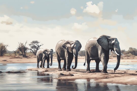 elephant family drinking water. Generative AI