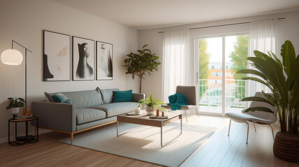 Empty living room with hardwood floor in modern apartment. Generative Ai