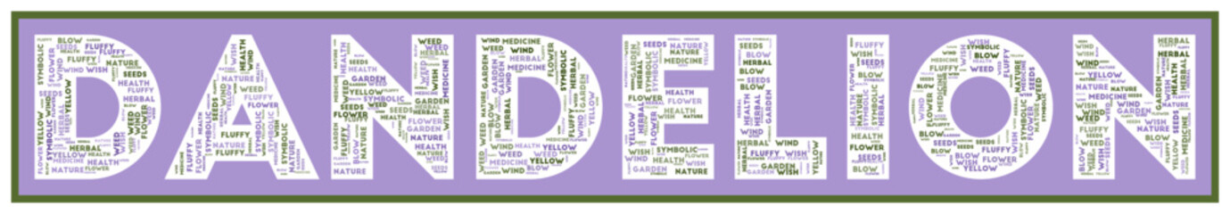 DANDELION text filled with related keywords of various sizes. Dandelion word cloud. Artistic vector illustration.