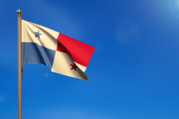 Panama. Flag blown by the wind with blue sky in the background.