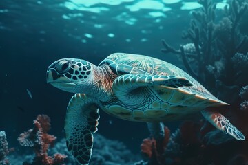 Naklejka na ściany i meble close up of turtle swimming in sea. Generative AI
