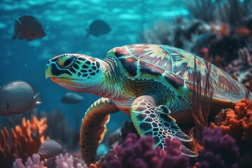 close up of turtle swimming in sea. Generative AI