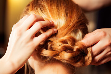 Naklejka premium A talented hairdresser creating a stylish and elegant hairstyle for a client. Generative AI