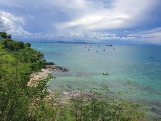 High-angle photograph showing the sea, sky and boats around Sattahip, Chonburi province.