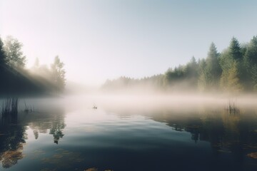 beautiful river with fog and mist around. Generative AI