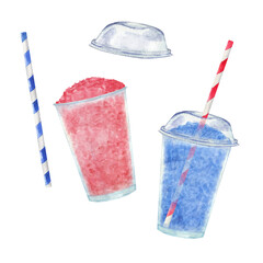 Set of blue and red summer slushies in plastic cup with straw. Watercolor illustration isolation on transparent.