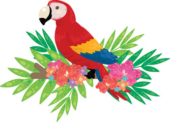Red parrot bird on wood stick illustration