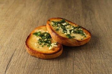 Tasty toasts with garlic, homemade products appetizer