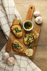 Tasty toasts with garlic, homemade products appetizer