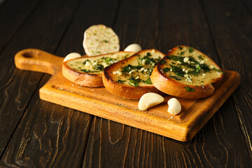 Tasty toasts with garlic, homemade products appetizer