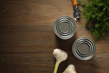 Canned food in blank metal jars, concept of canned food