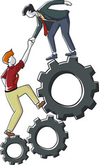 Two young businessman helping each other to go up to pile of cogs Teamwork people trust assistance