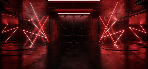 Sci Fi Futuristic Red Laser Neon Barn Garage Glowing Lights Cement Concrete Hangar Tunnel Underground Corridor Club Stage Showroom Parking 3D Rendering