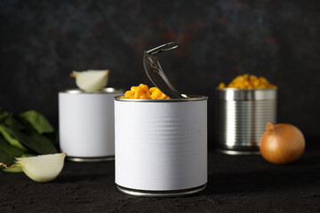 Canned food in blank metal jars, concept of canned food