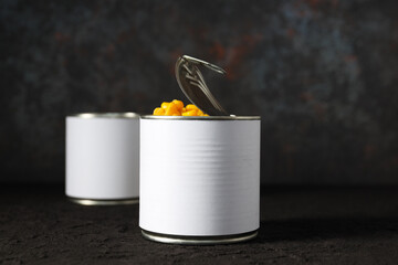 Canned food in blank metal jars, concept of canned food