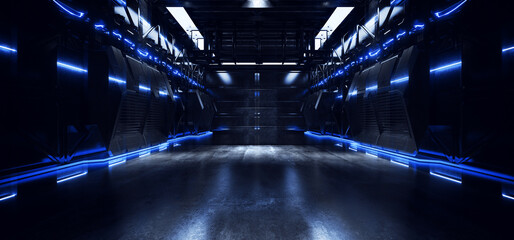 Obraz premium Sci Fi Futuristic Alien Spaceship Metal Panels And Cables corridor Hangar Garage Hallway Room Cement Floor Glowing Blue Lights 3D Rendering