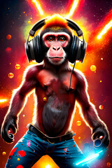 artificial intelligence generated digital painterly image of monkey with headphone in colorful graffit-inspired animals portraiture tech punk style. - obrazy, fototapety, plakaty
