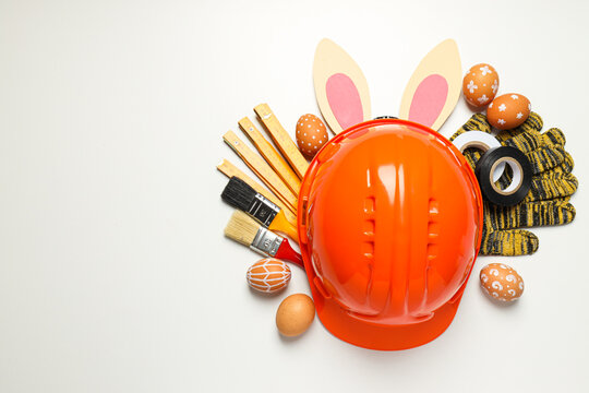 Concept of different work accessories, engineering supplies and tools