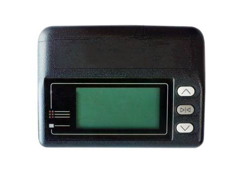 Top view, Vintage model of Wireless telecommunication, pager, paging, message device, communication, black color, beeper, isolated transparent background