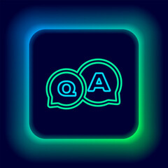 Glowing neon line Speech bubbles with Question and Answer icon isolated on black background. Q and A symbol. FAQ sign. Chat speech bubble and chart. Colorful outline concept. Vector