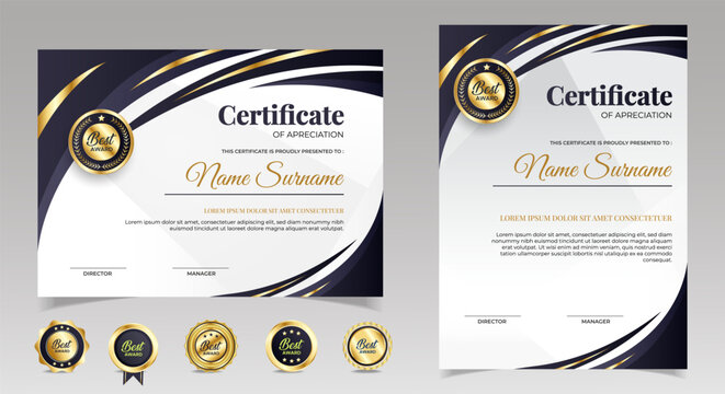 Black and gold certificate of appreciation border template with luxury badge and modern line and shapes. For award, business, and education needs. Diploma vector template	
