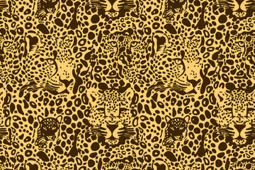 Trendy leopard Pattern Horizontal Background. Vector Hand drawn wild animal cheetah skin, leo face natural texture for fashion print design, banner, cover, wallpaper - obrazy, fototapety, plakaty
