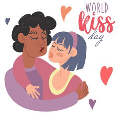 World Kissing Day. A young couple hugs and kisses. valentine's day. Abstract illustration of love. Magical feelings. For printing, posters, postcards. A gift for a loved one. Square