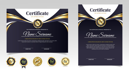 Certificate of appreciation template, gold and black color. Clean modern certificate with gold badge. Certificate border template with luxury and modern line pattern. Diploma vector template