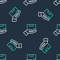 Line Delivery insurance icon isolated seamless pattern on black background. Insured cardboard boxes beyond the shield. Vector