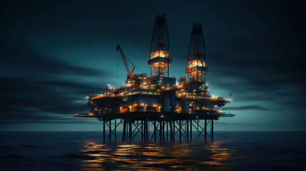 An oil platform on the calm sea, realistic, cinematic, with lights, Generative AI