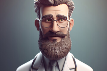 Pharmacology and medicine concept. Portrait of serious adult doctor, male professional in white coat and glasses. Volumetric illustration of Generative AI