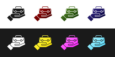 Set Hand holding briefcase icon isolated on black and white background. Insurance concept. Security, safety, protection, protect concept. Vector.