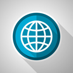 World, globe symbol, flat design vector blue icon with long shadow