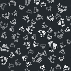 Grey Police car and police flasher icon isolated seamless pattern on black background. Emergency flashing siren. Vector