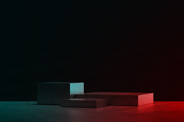 3D Black geometric stage podium. Dark background.