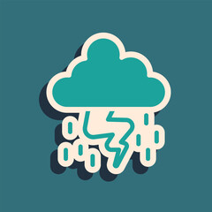 Green Storm icon isolated on green background. Cloud and lightning sign. Weather icon of storm. Long shadow style. Vector